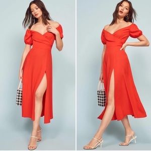 Reformation 4 Pearl Off the Shoulder Midi Dress Red Hot Day